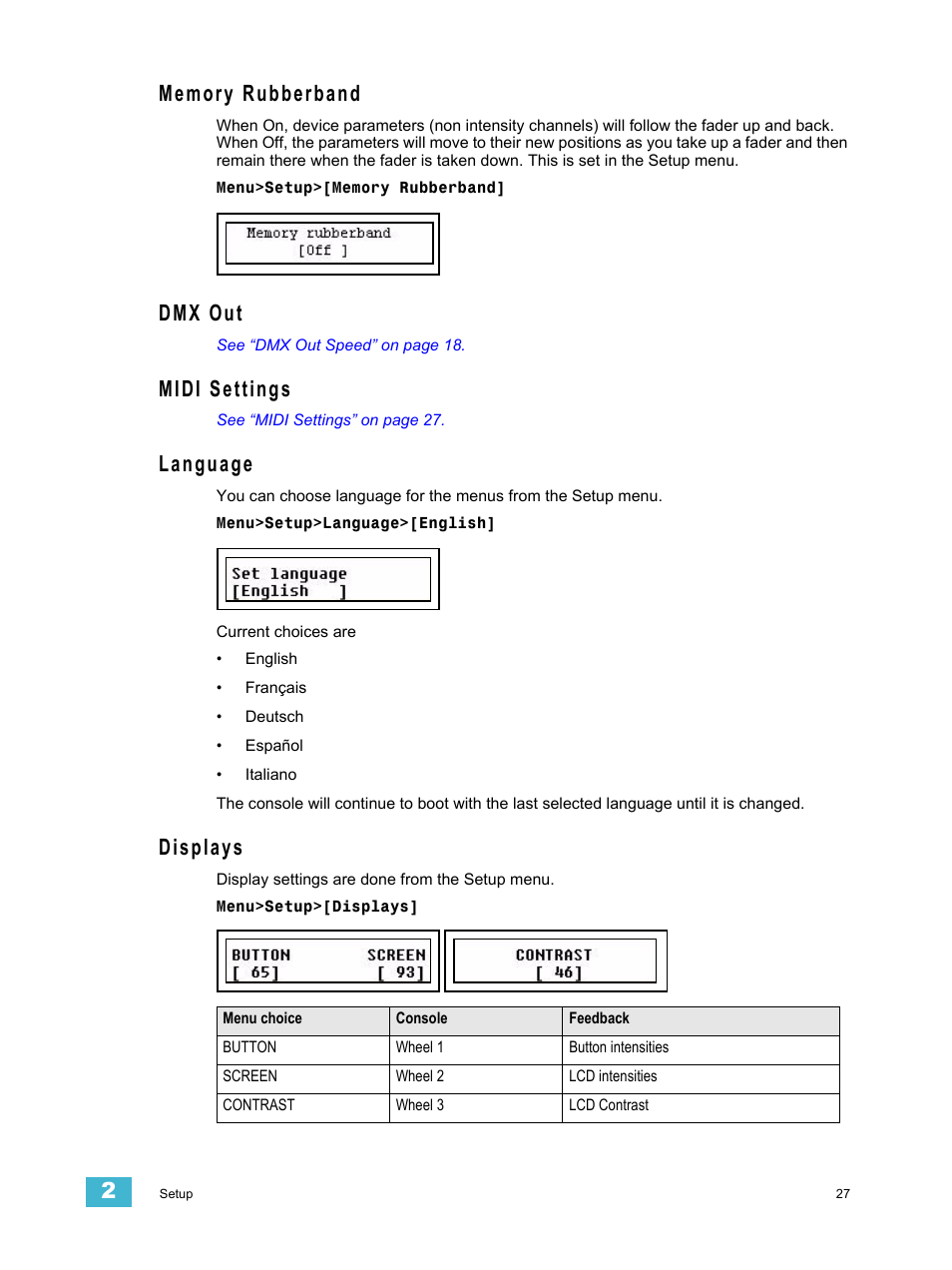 Memory rubberband, Dmx out, Midi settings | Language, Displays | ETC SmartFade ML v3.0.1 User Manual | Page 35 / 104