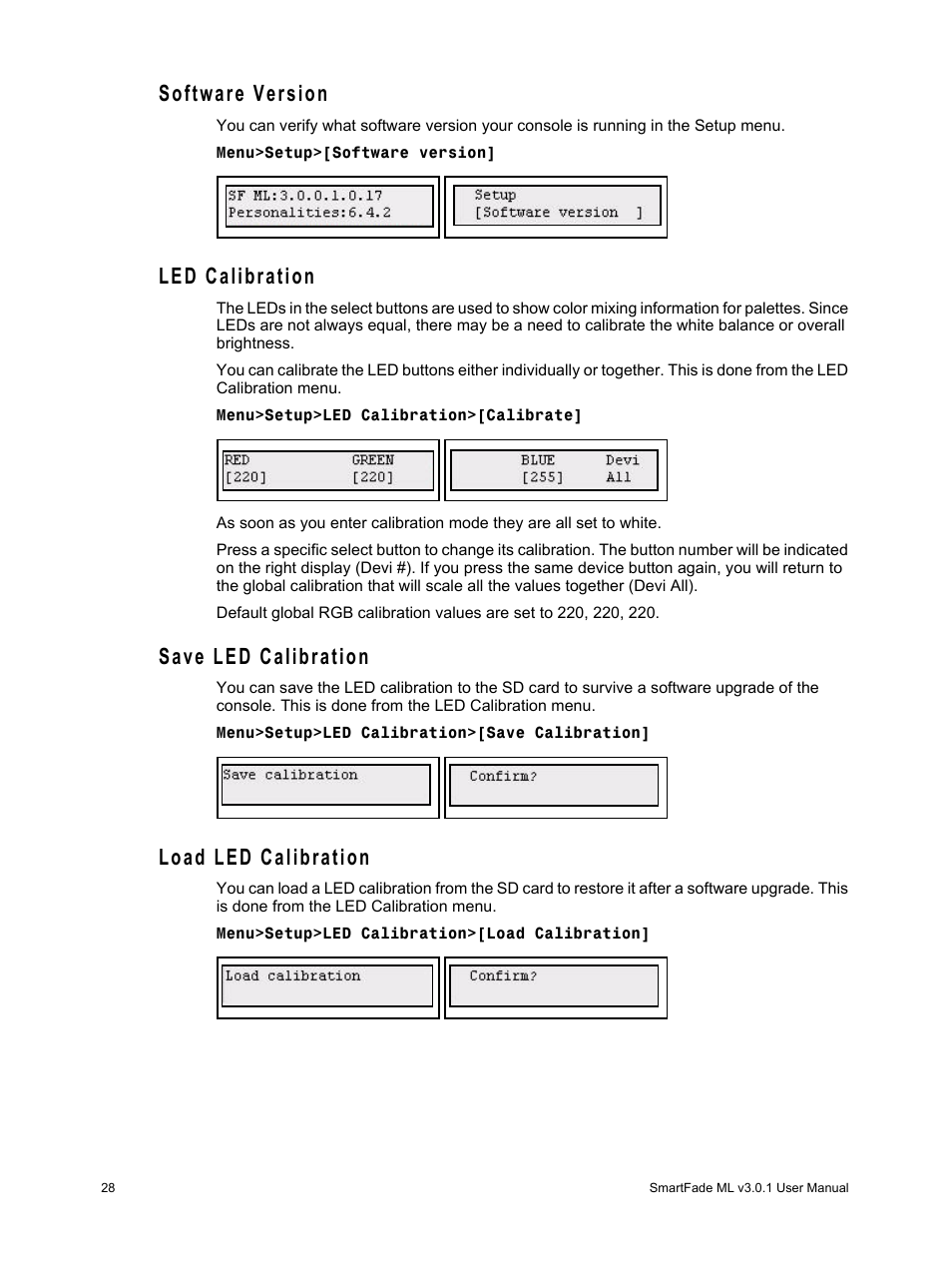 Software version, Led calibration, Save led calibration | Load led calibration | ETC SmartFade ML v3.0.1 User Manual | Page 36 / 104