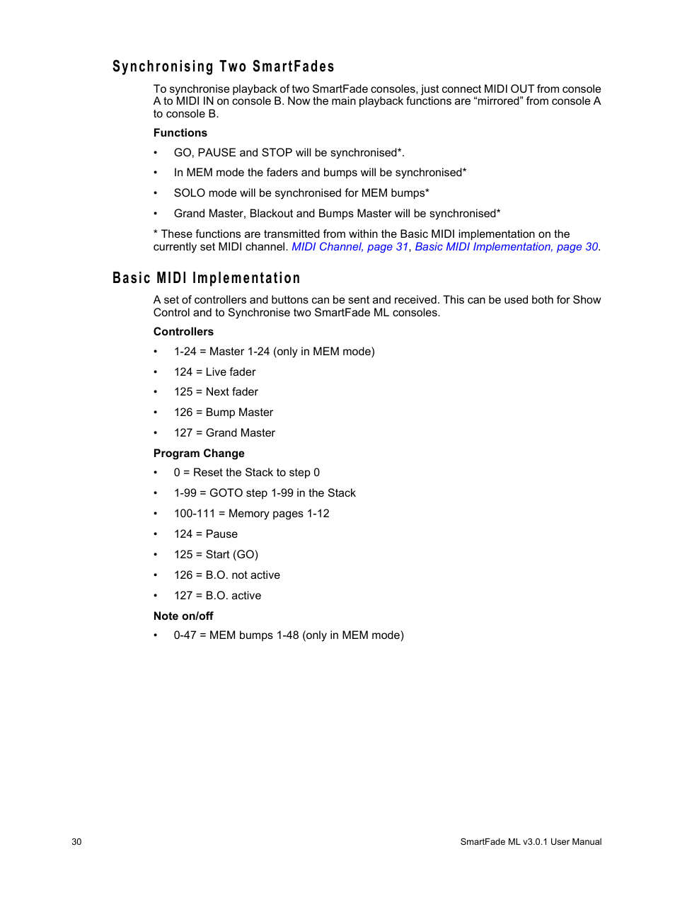 Synchronising two smartfades, Basic midi implementation | ETC SmartFade ML v3.0.1 User Manual | Page 38 / 104