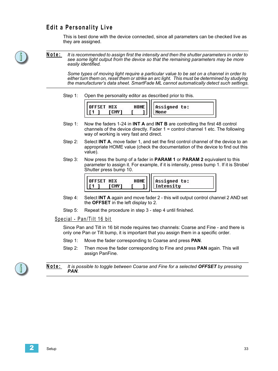 Edit a personality live, Special - pan/tilt 16 bit, N o t e | ETC SmartFade ML v3.0.1 User Manual | Page 41 / 104