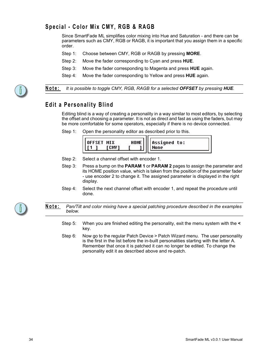 Special - color mix cmy, rgb & ragb, Edit a personality blind, N o t e | ETC SmartFade ML v3.0.1 User Manual | Page 42 / 104