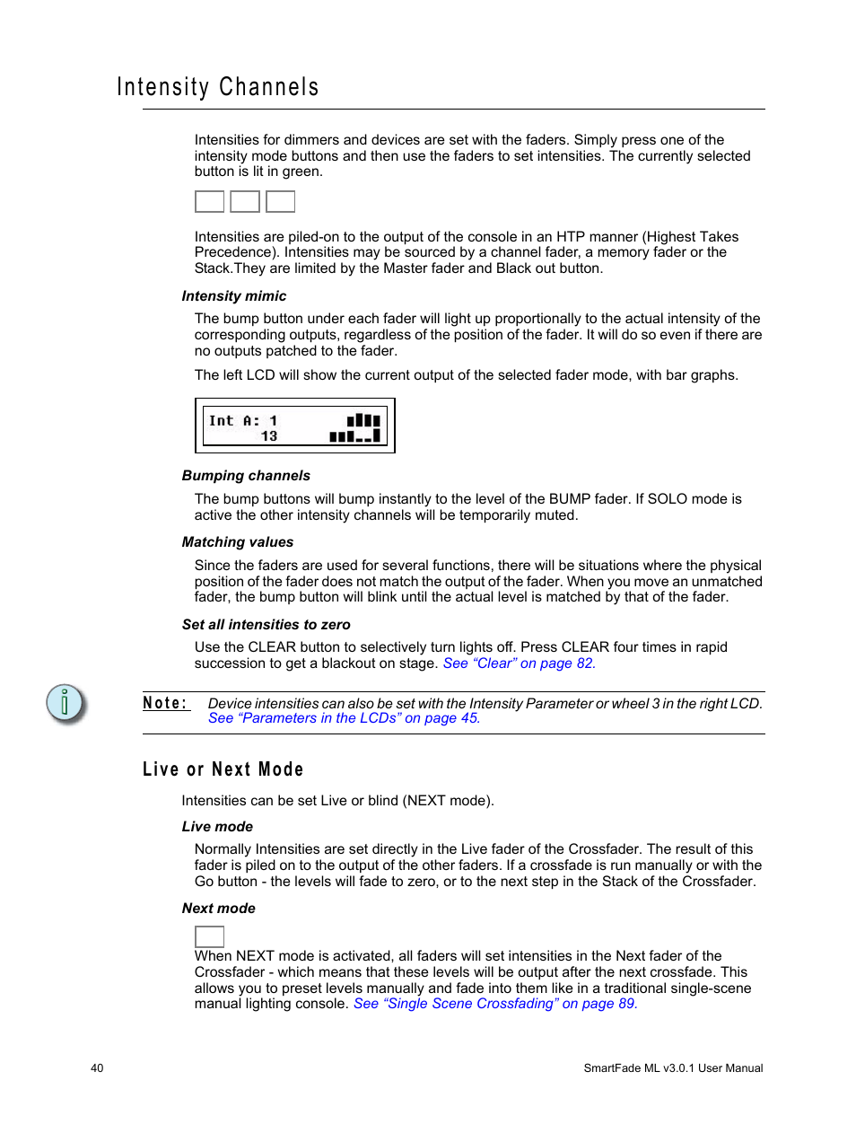 Intensity channels, Live or next mode, N o t e | ETC SmartFade ML v3.0.1 User Manual | Page 48 / 104