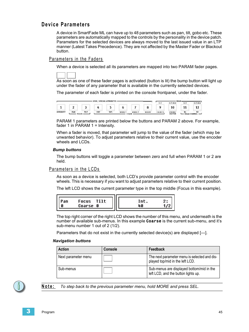 Device parameters, Parameters in the faders, Parameters in the lcds | N o t e | ETC SmartFade ML v3.0.1 User Manual | Page 53 / 104