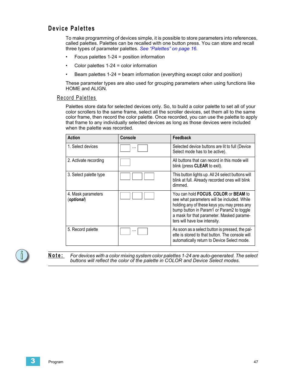 Device palettes, Record palettes, N o t e | ETC SmartFade ML v3.0.1 User Manual | Page 55 / 104