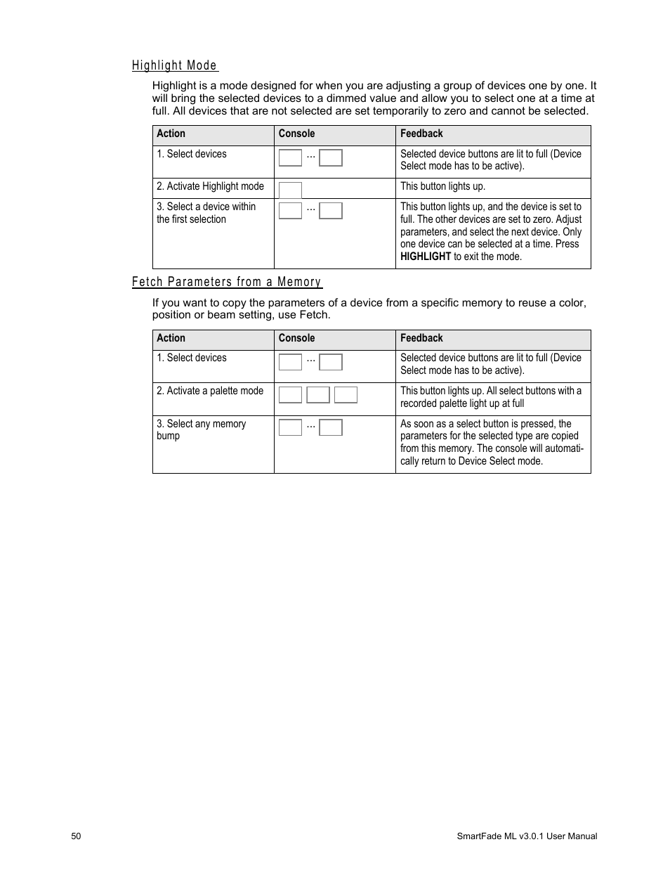 Highlight mode, Fetch parameters from a memory | ETC SmartFade ML v3.0.1 User Manual | Page 58 / 104