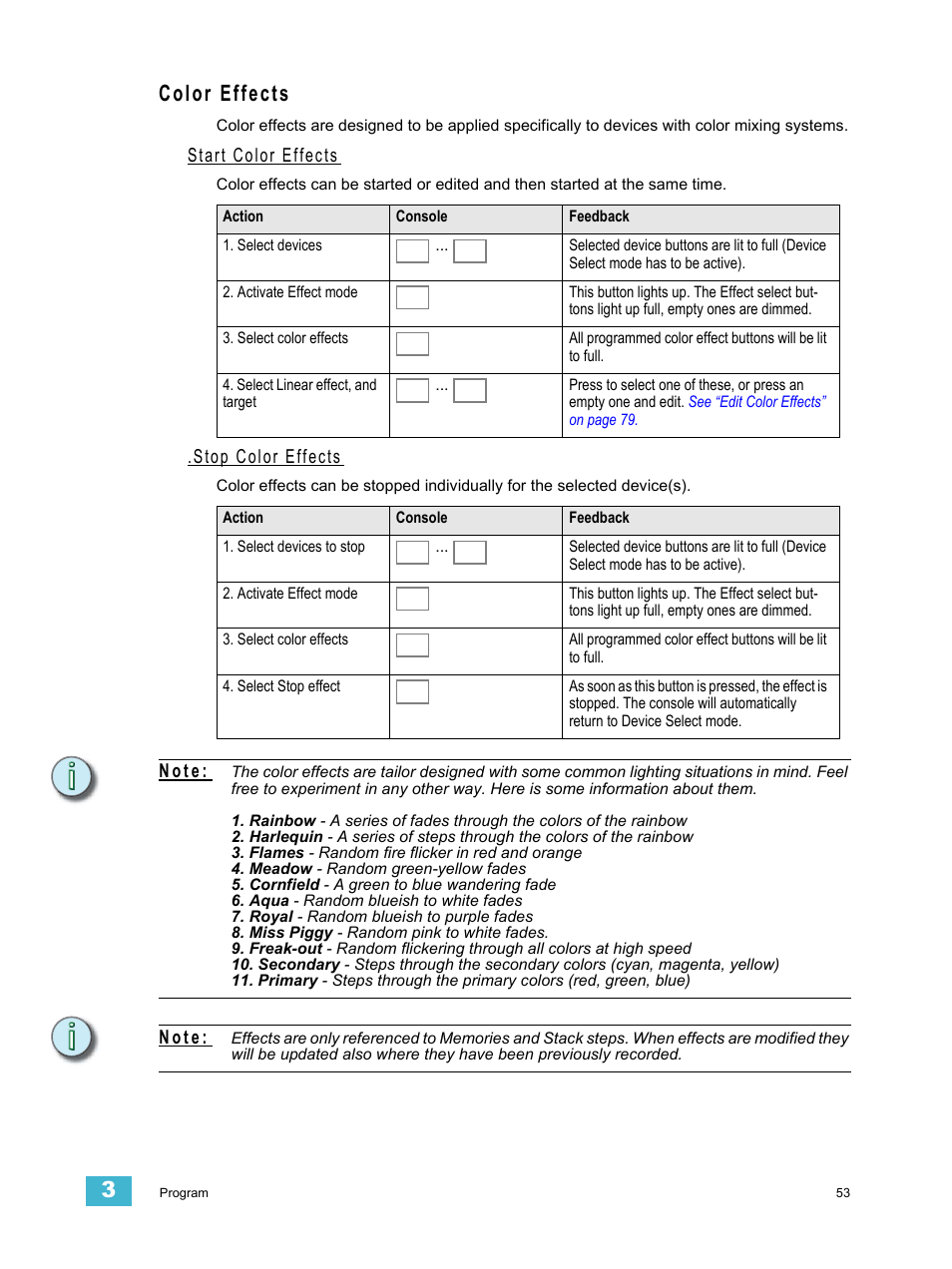 Color effects, Start color effects, Stop color effects | N o t e | ETC SmartFade ML v3.0.1 User Manual | Page 61 / 104