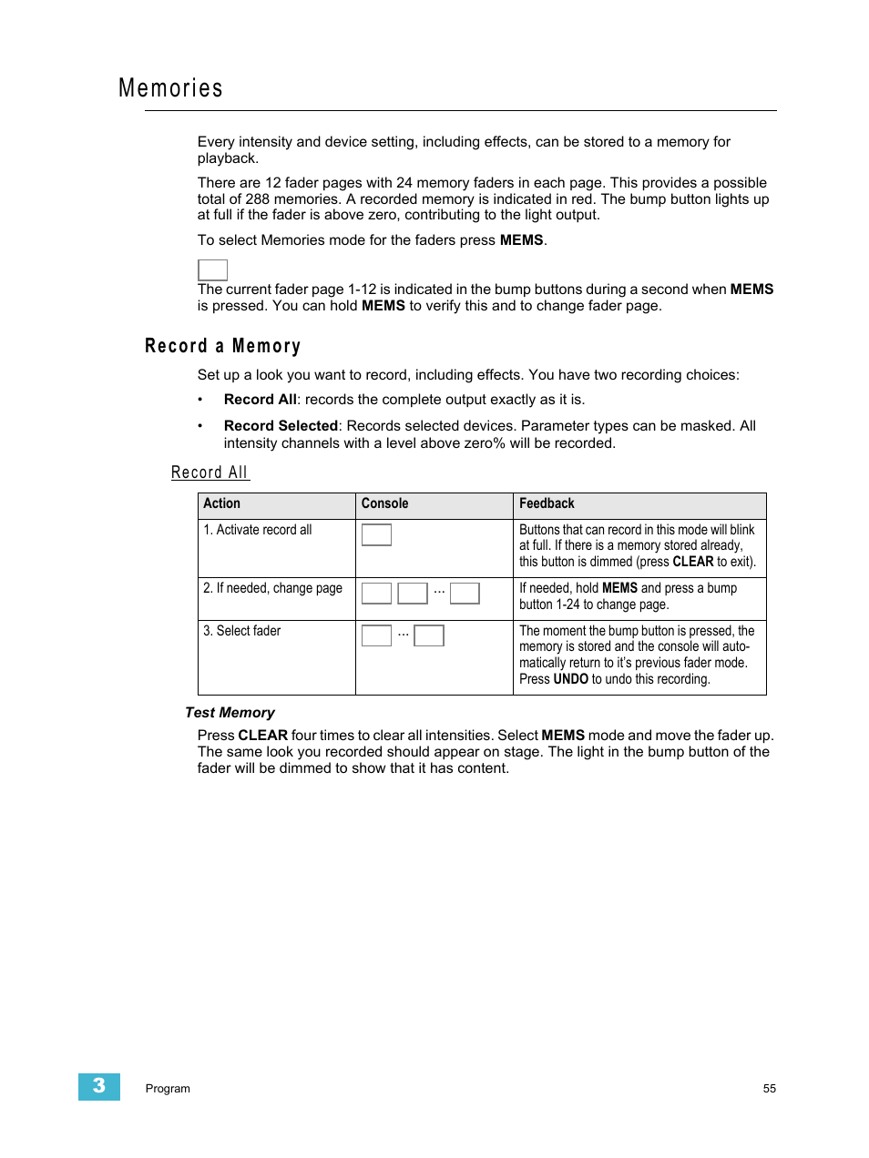 Memories, Record a memory, Record all | ETC SmartFade ML v3.0.1 User Manual | Page 63 / 104