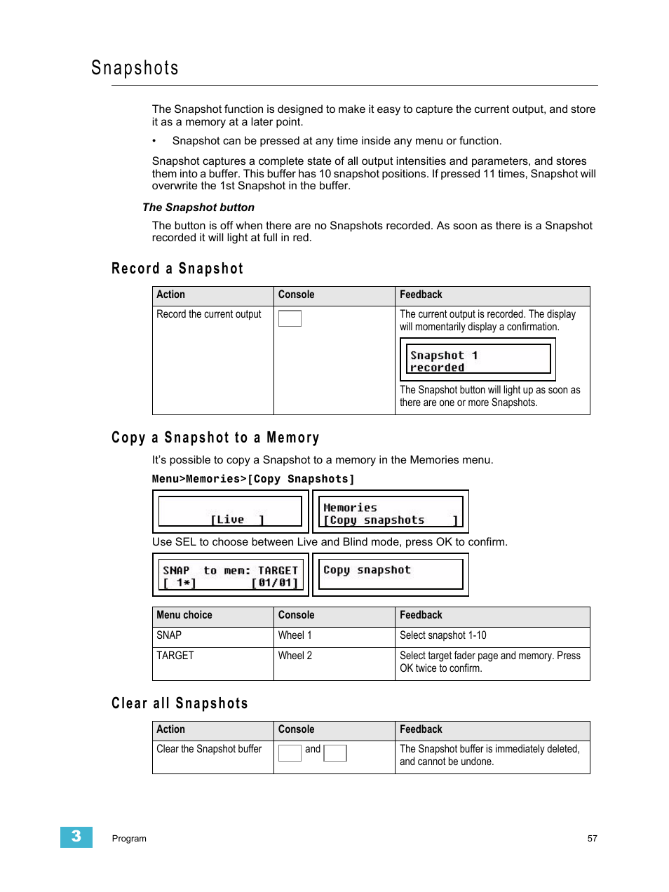 Snapshots, Record a snapshot, Copy a snapshot to a memory | Clear all snapshots | ETC SmartFade ML v3.0.1 User Manual | Page 65 / 104