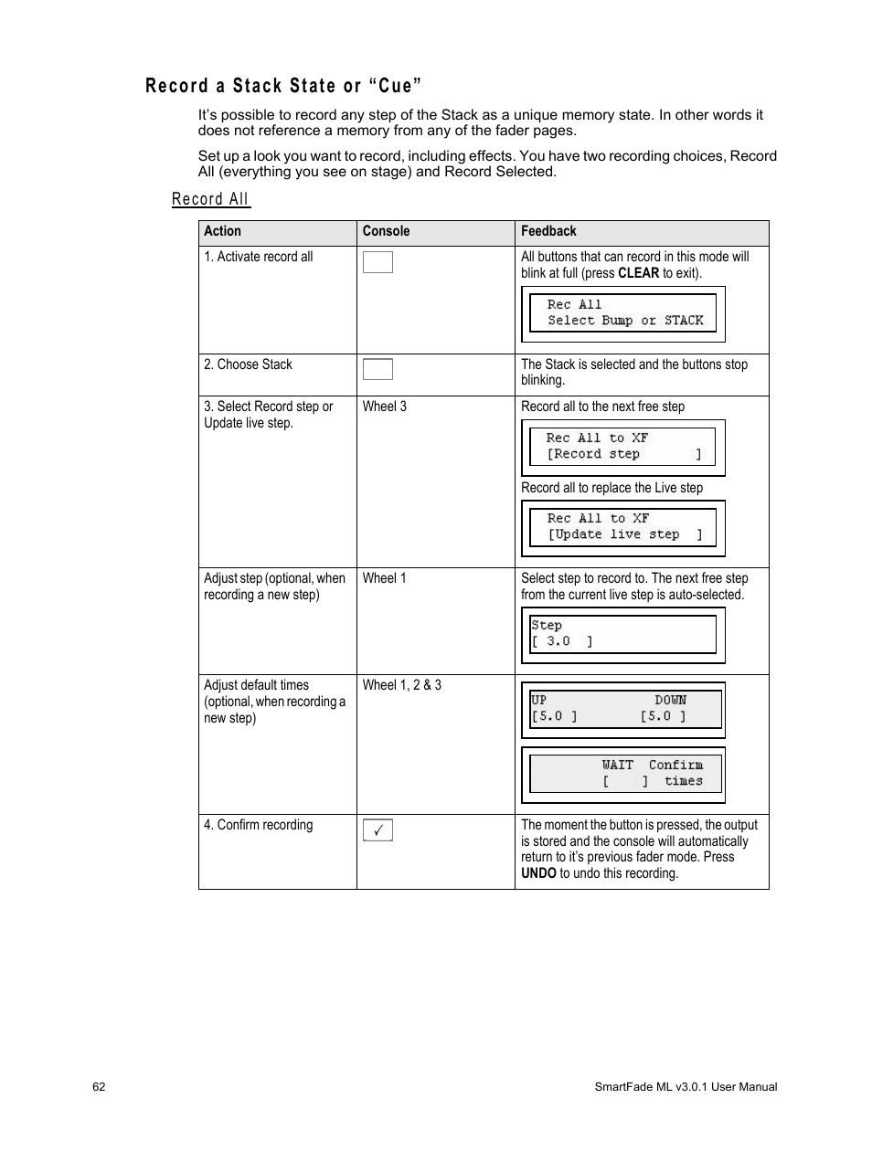 Record a stack state or “cue, Record all | ETC SmartFade ML v3.0.1 User Manual | Page 70 / 104