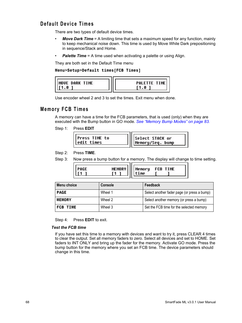 Default device times, Memory fcb times, Default device times memory fcb times | See “default | ETC SmartFade ML v3.0.1 User Manual | Page 76 / 104