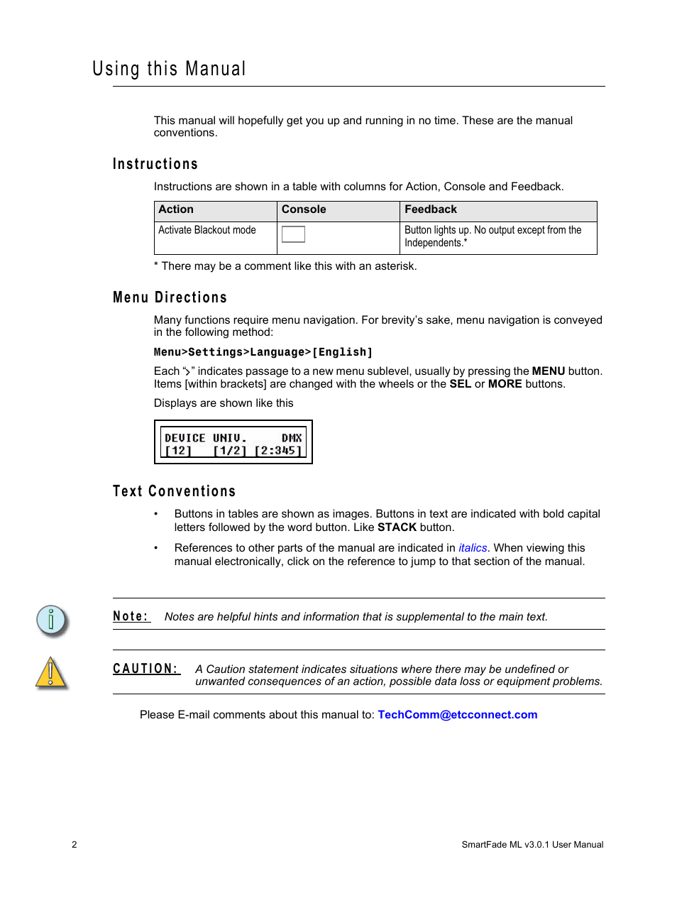 Using this manual, Instructions, Menu directions | Text conventions, Instructions menu directions text conventions | ETC SmartFade ML v3.0.1 User Manual | Page 8 / 104