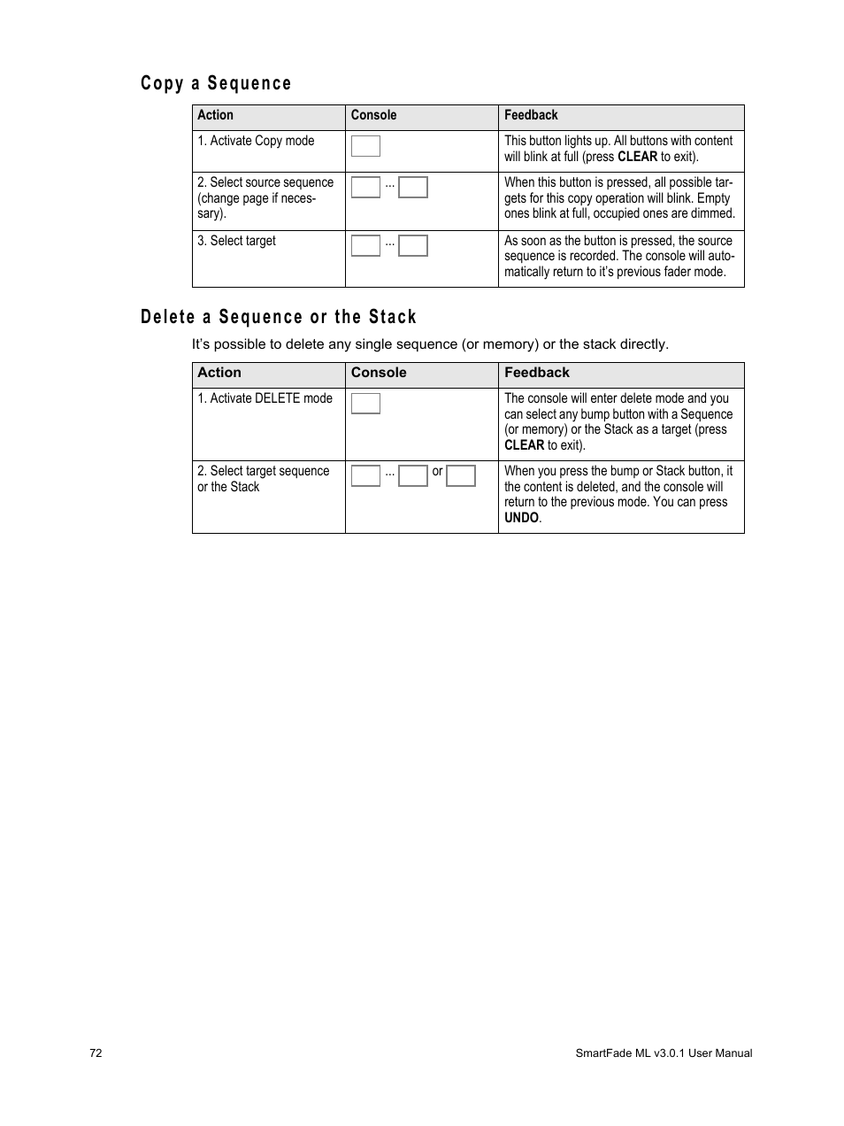 Copy a sequence, Delete a sequence or the stack, Copy a sequence delete a sequence or the stack | ETC SmartFade ML v3.0.1 User Manual | Page 80 / 104