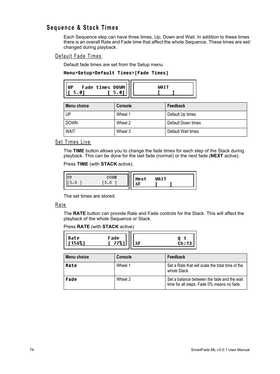 Sequence & stack times, Default fade times, Set times live | Rate | ETC SmartFade ML v3.0.1 User Manual | Page 82 / 104