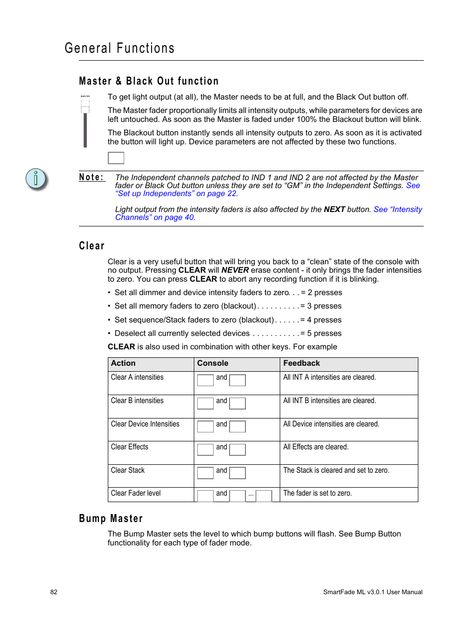 General functions, Master & black out function, Clear | Bump master, Clear bump master, See “bump, N o t e | ETC SmartFade ML v3.0.1 User Manual | Page 90 / 104