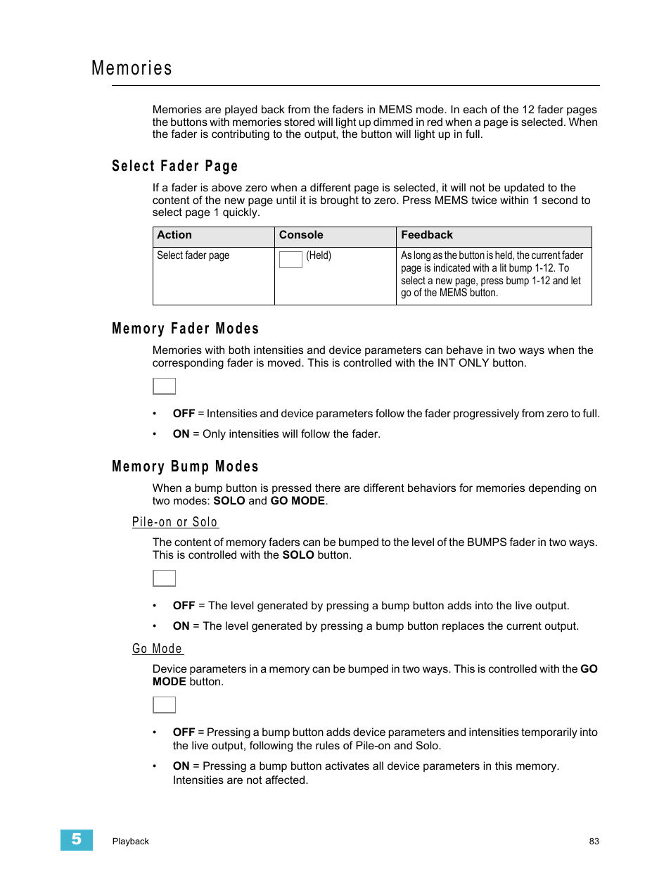 Memories, Memory fader modes, Memory bump modes | Pile-on or solo, Go mode, Select fader page | ETC SmartFade ML v3.0.1 User Manual | Page 91 / 104