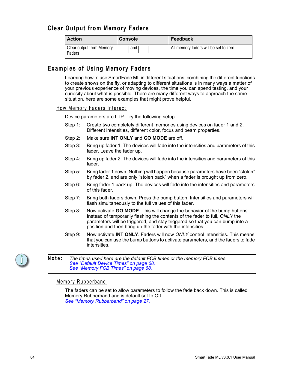 Clear output from memory faders, Examples of using memory faders, How memory faders interact | Memory rubberband, N o t e | ETC SmartFade ML v3.0.1 User Manual | Page 92 / 104