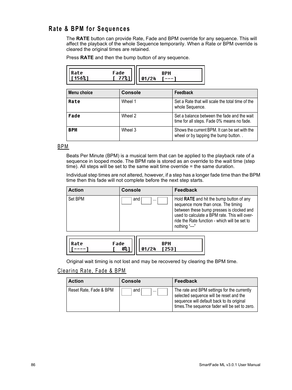 Rate & bpm for sequences, Clearing rate, fade & bpm | ETC SmartFade ML v3.0.1 User Manual | Page 94 / 104