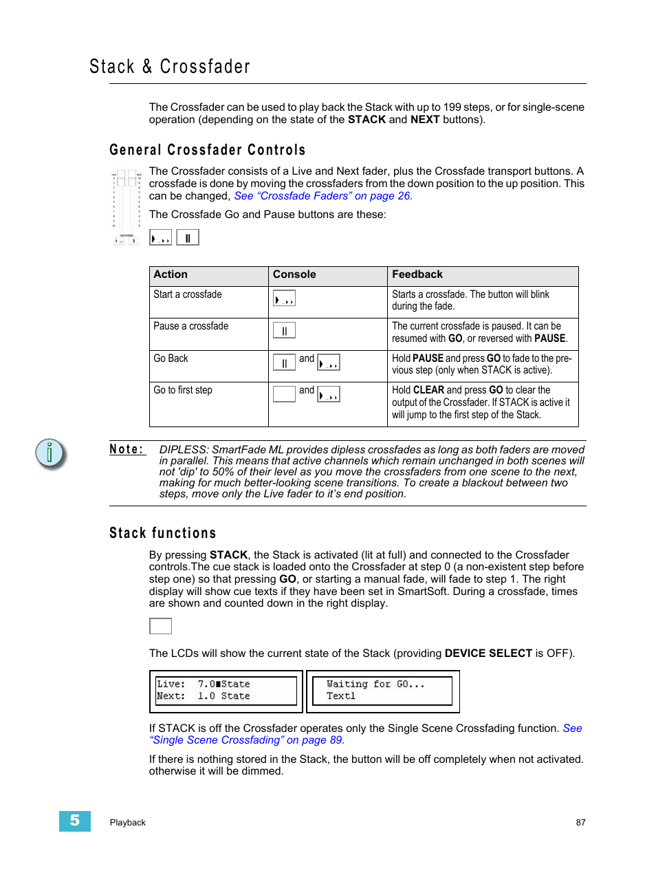 Stack & crossfader, General crossfader controls, Stack functions | General crossfader controls stack functions, N o t e | ETC SmartFade ML v3.0.1 User Manual | Page 95 / 104