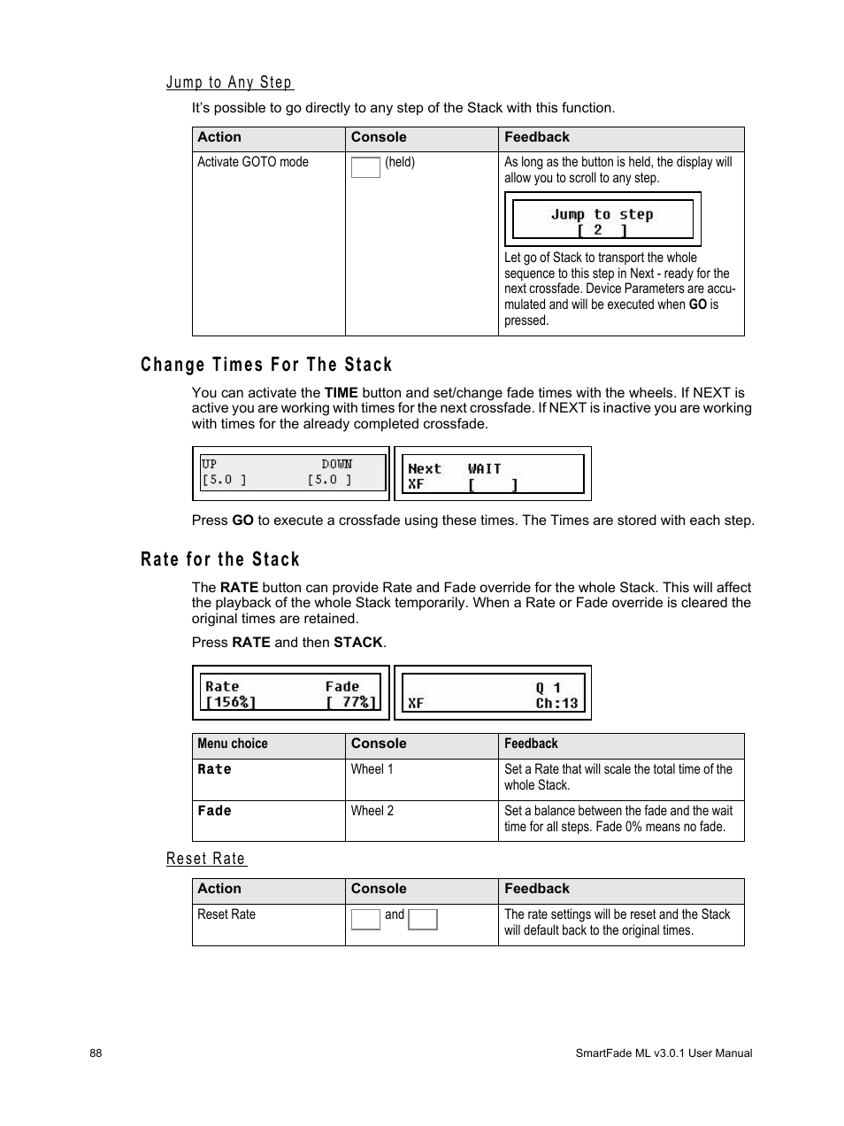 Jump to any step, Change times for the stack, Rate for the stack | Reset rate, Change times for the stack rate for the stack | ETC SmartFade ML v3.0.1 User Manual | Page 96 / 104