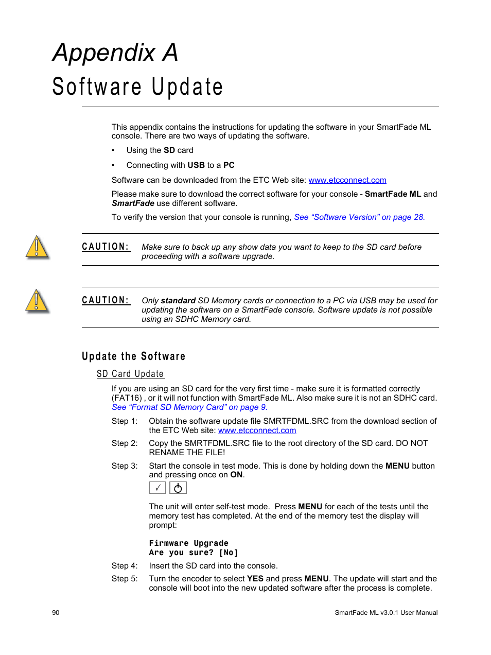 Software update, Update the software, Sd card update | A p p e n d i x a, Appendix a software update | ETC SmartFade ML v3.0.1 User Manual | Page 98 / 104