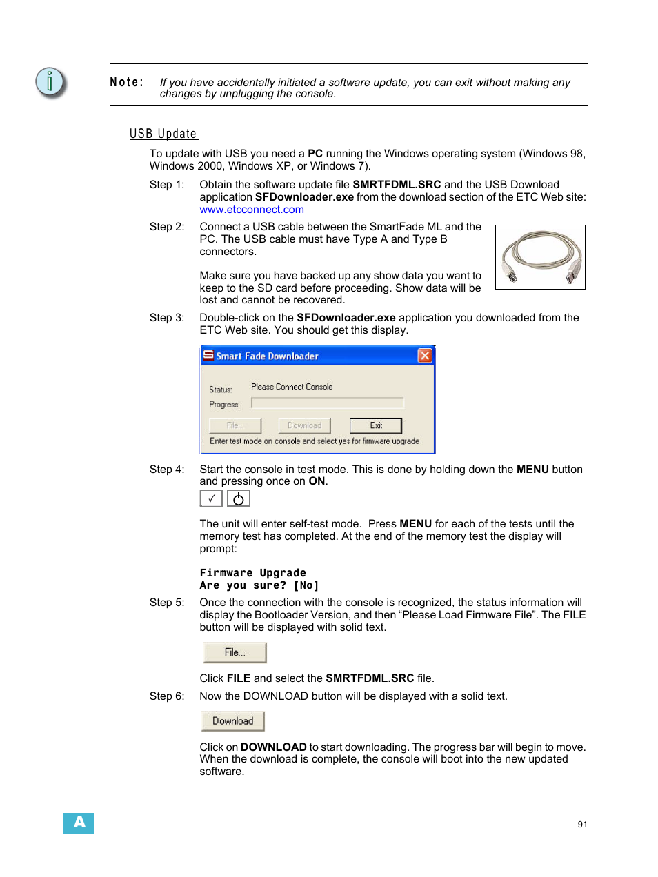 Usb update, N o t e | ETC SmartFade ML v3.0.1 User Manual | Page 99 / 104