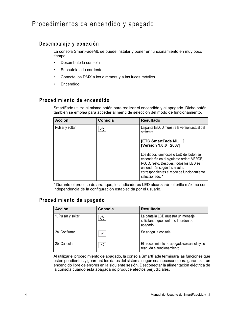 Procedimientos de encendido y apagado, Desembalaje y conexión, Procedimiento de encendido | Procedimiento de apagado | ETC SmartFade ML v1.1.0 User Manual | Page 10 / 92