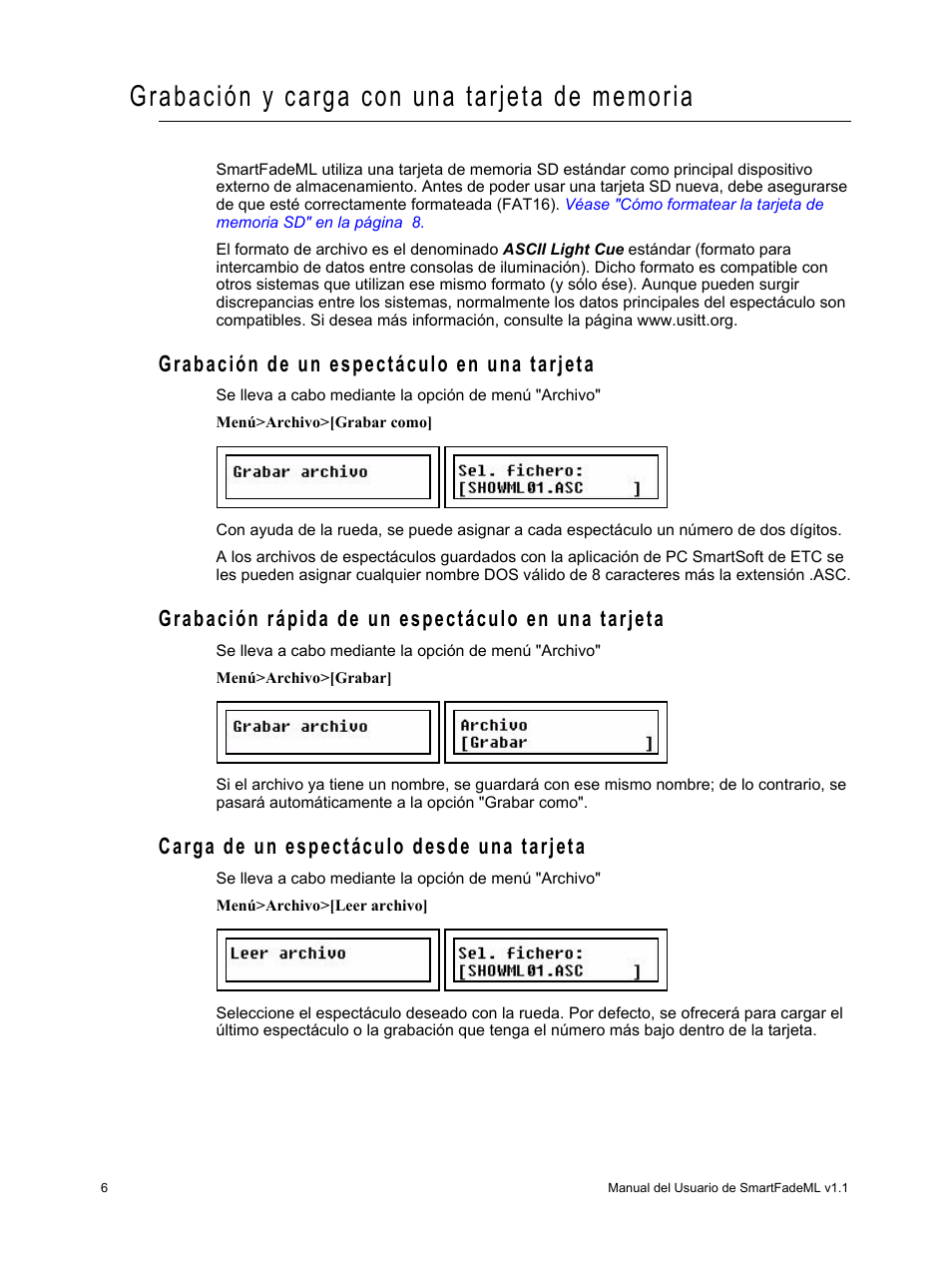 Grabación y carga con una tarjeta de memoria, Grabación de un espectáculo en una tarjeta, Grabación rápida de un espectáculo en una tarjeta | Carga de un espectáculo desde una tarjeta | ETC SmartFade ML v1.1.0 User Manual | Page 12 / 92