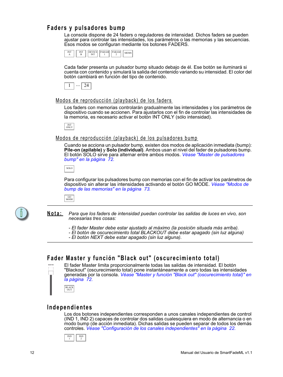 Faders y pulsadores bump, Modos de reproducción (playback) de los faders, Independientes | N o t a | ETC SmartFade ML v1.1.0 User Manual | Page 18 / 92