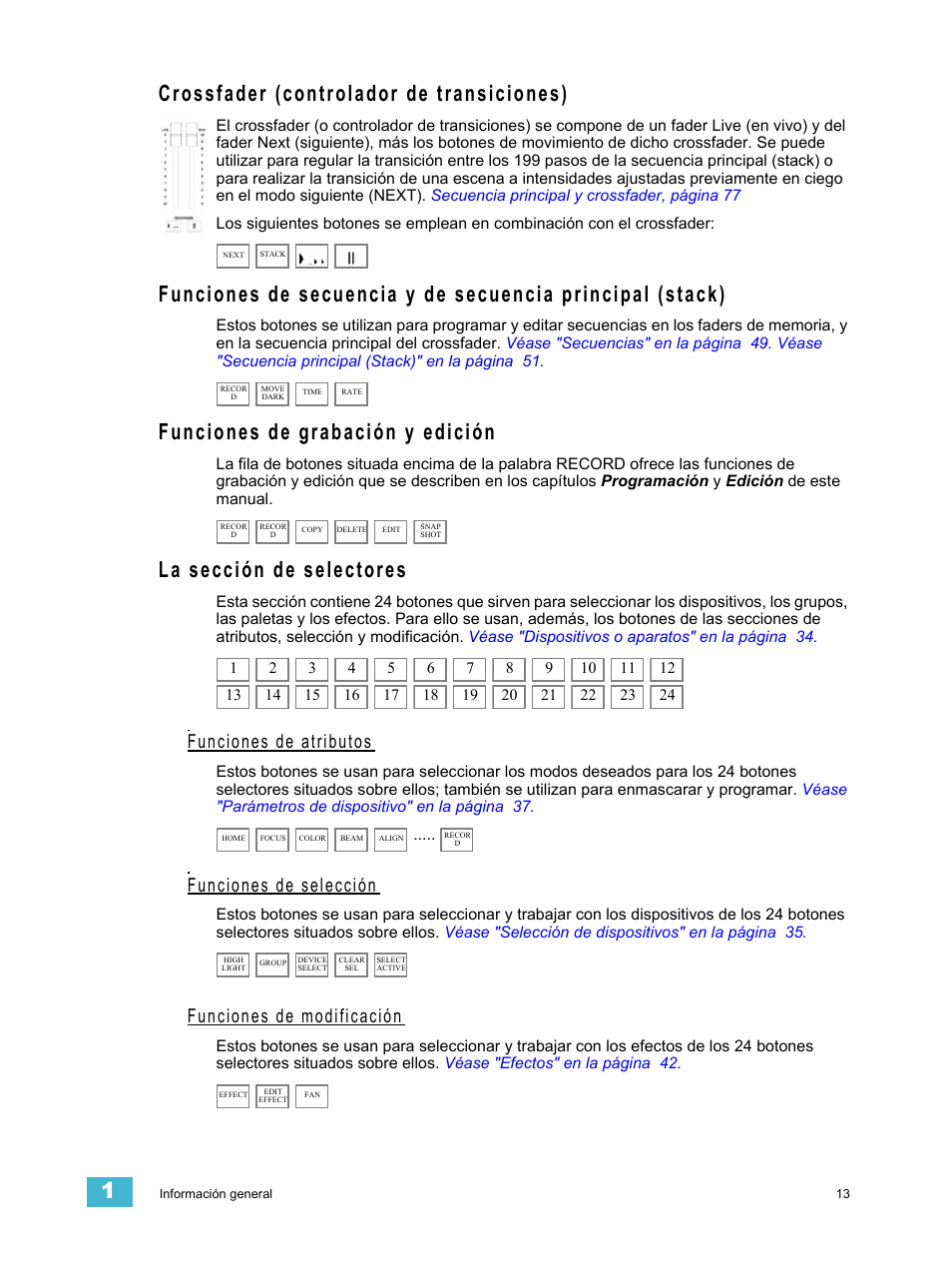 Crossfader (controlador de transiciones), Funciones de grabación y edición, La sección de selectores | Funciones de atributos, Funciones de selección, Funciones de modificación | ETC SmartFade ML v1.1.0 User Manual | Page 19 / 92