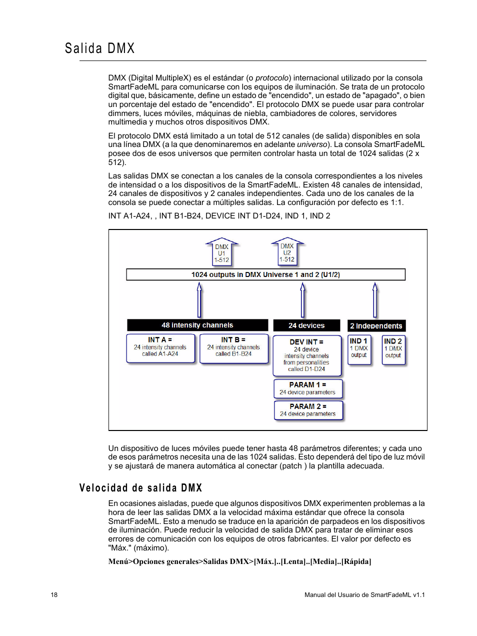 Salida dmx, Velocidad de salida dmx | ETC SmartFade ML v1.1.0 User Manual | Page 24 / 92