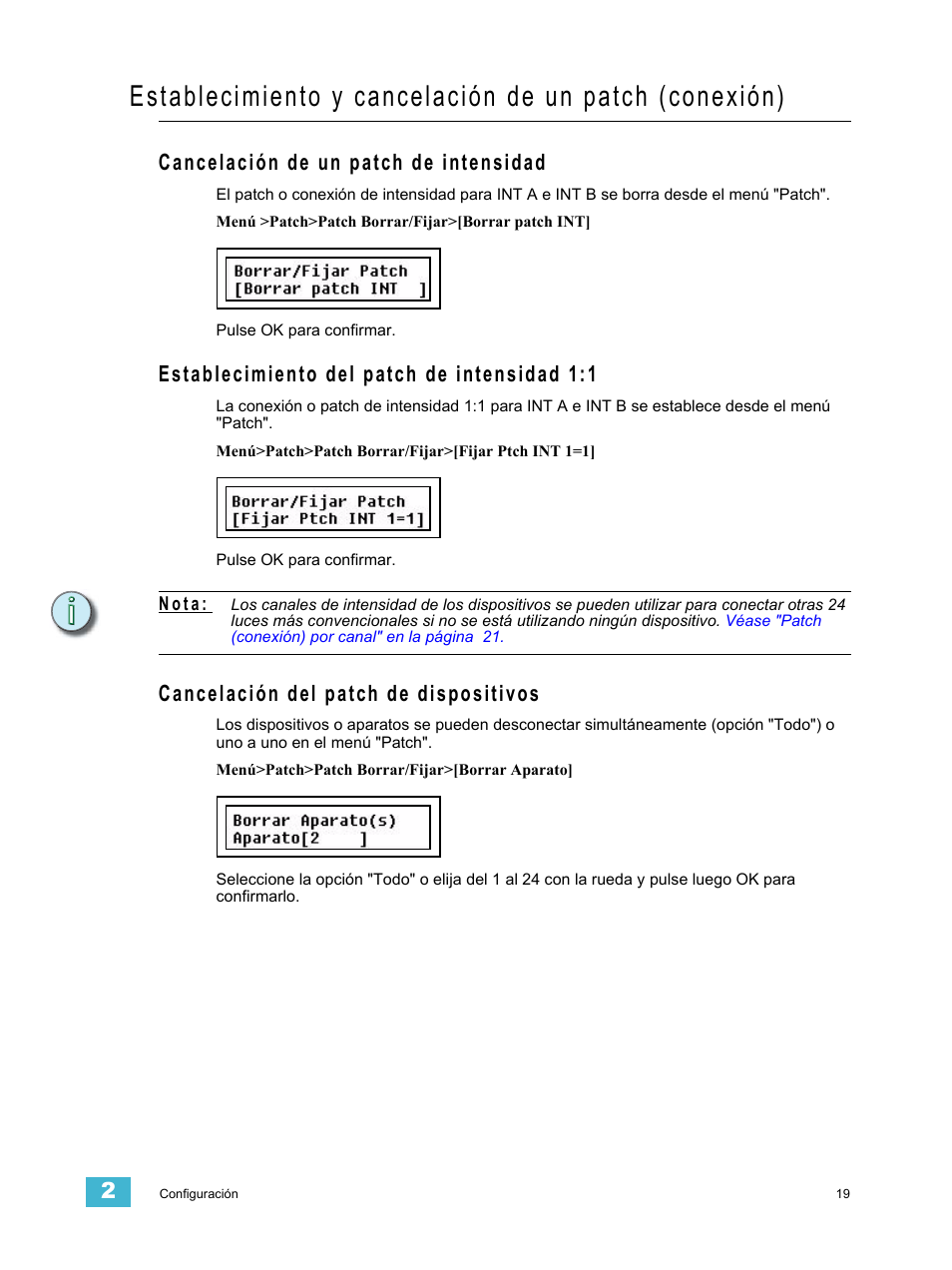 Cancelación de un patch de intensidad, Establecimiento del patch de intensidad 1:1, Cancelación del patch de dispositivos | ETC SmartFade ML v1.1.0 User Manual | Page 25 / 92