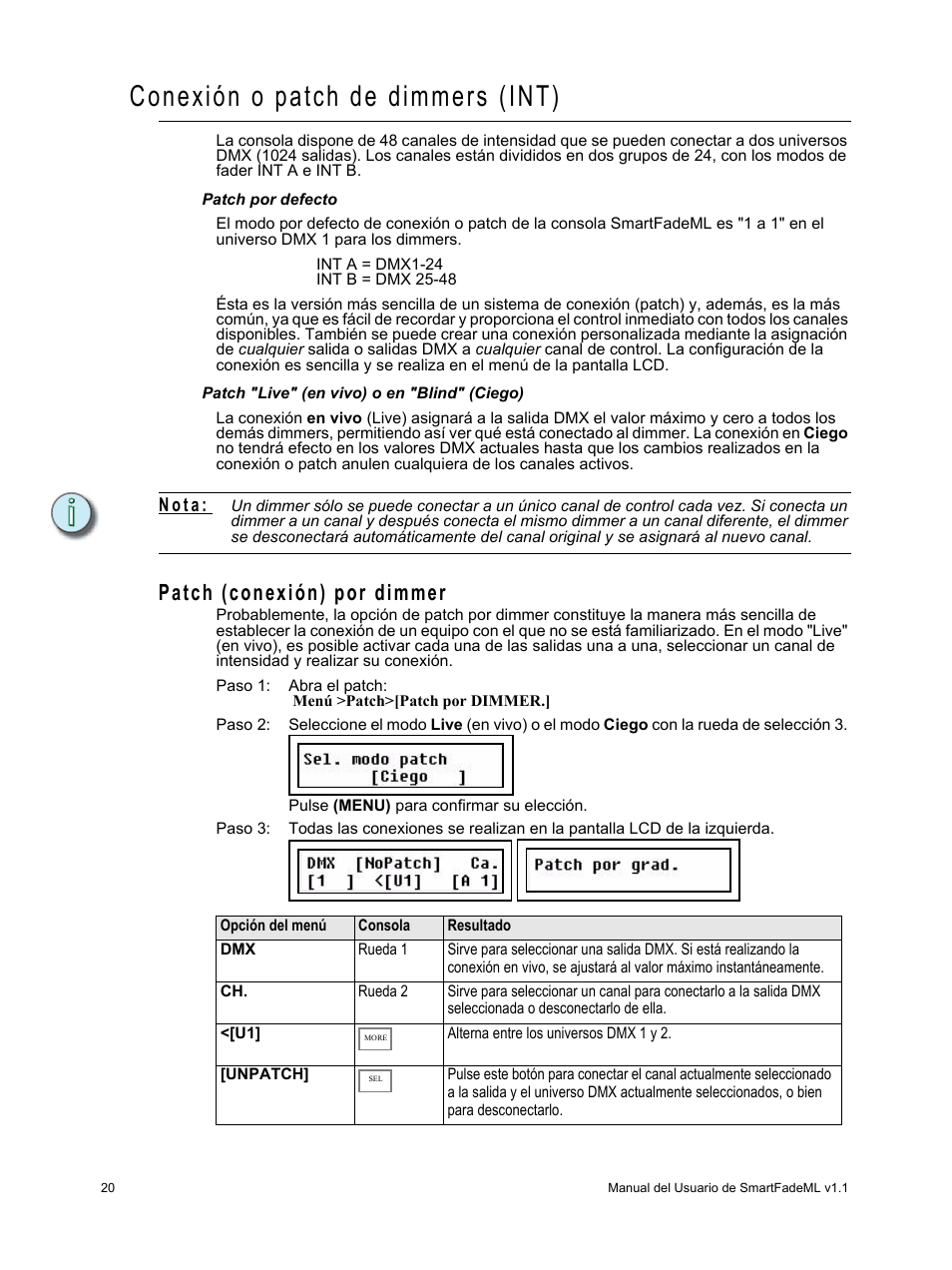 Conexión o patch de dimmers (int), Patch (conexión) por dimmer, N o t a | ETC SmartFade ML v1.1.0 User Manual | Page 26 / 92