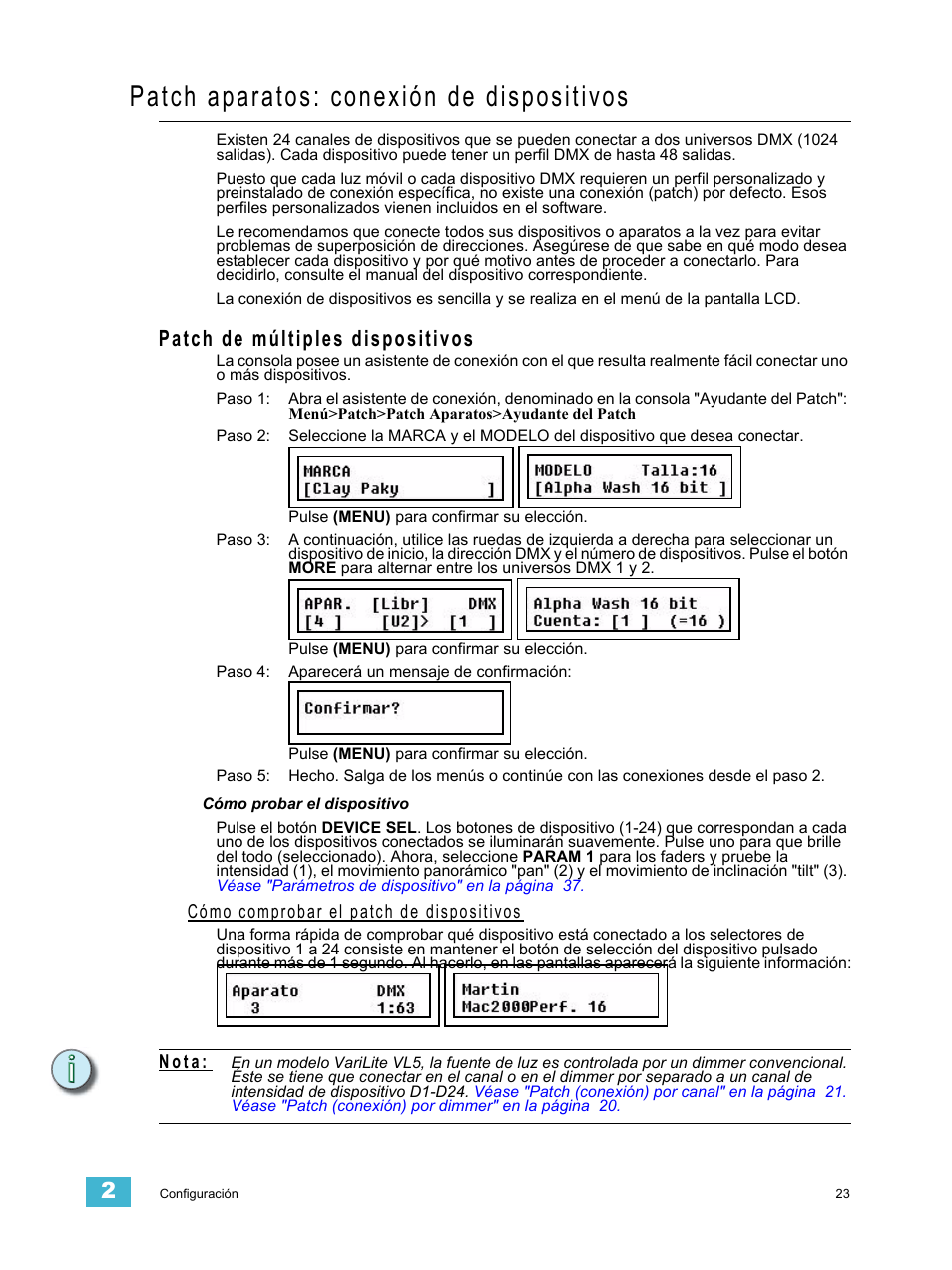 Patch aparatos: conexión de dispositivos, Patch de múltiples dispositivos, Cómo comprobar el patch de dispositivos | ETC SmartFade ML v1.1.0 User Manual | Page 29 / 92