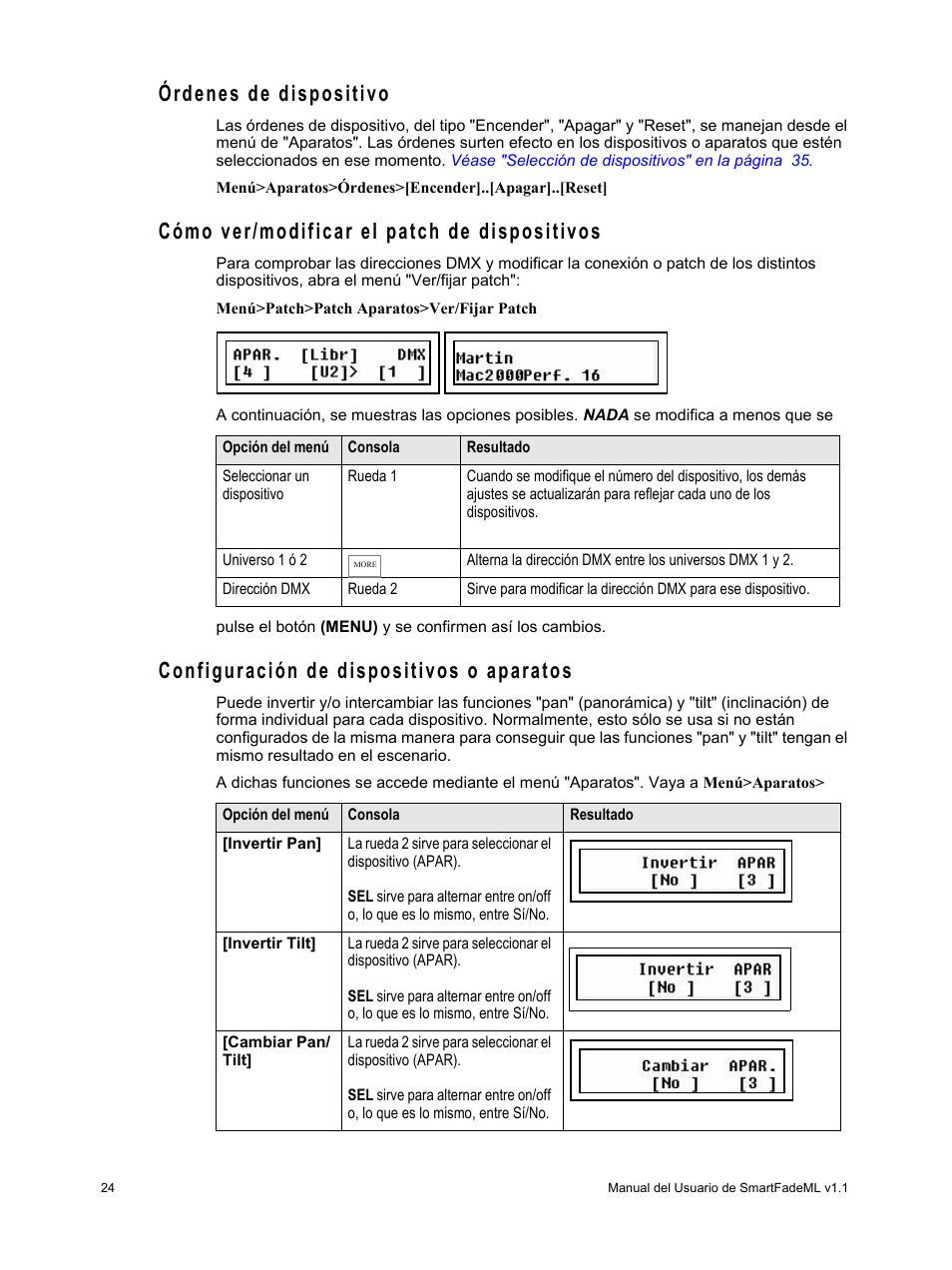 Órdenes de dispositivo, Cómo ver/modificar el patch de dispositivos, Configuración de dispositivos o aparatos | ETC SmartFade ML v1.1.0 User Manual | Page 30 / 92