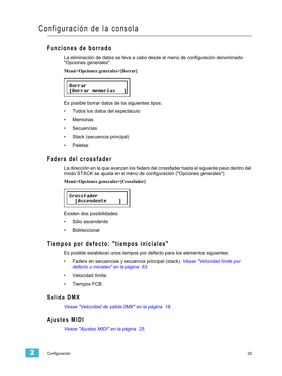 Configuración de la consola, Funciones de borrado, Faders del crossfader | Tiempos por defecto: "tiempos iniciales, Salida dmx, Ajustes midi | ETC SmartFade ML v1.1.0 User Manual | Page 31 / 92