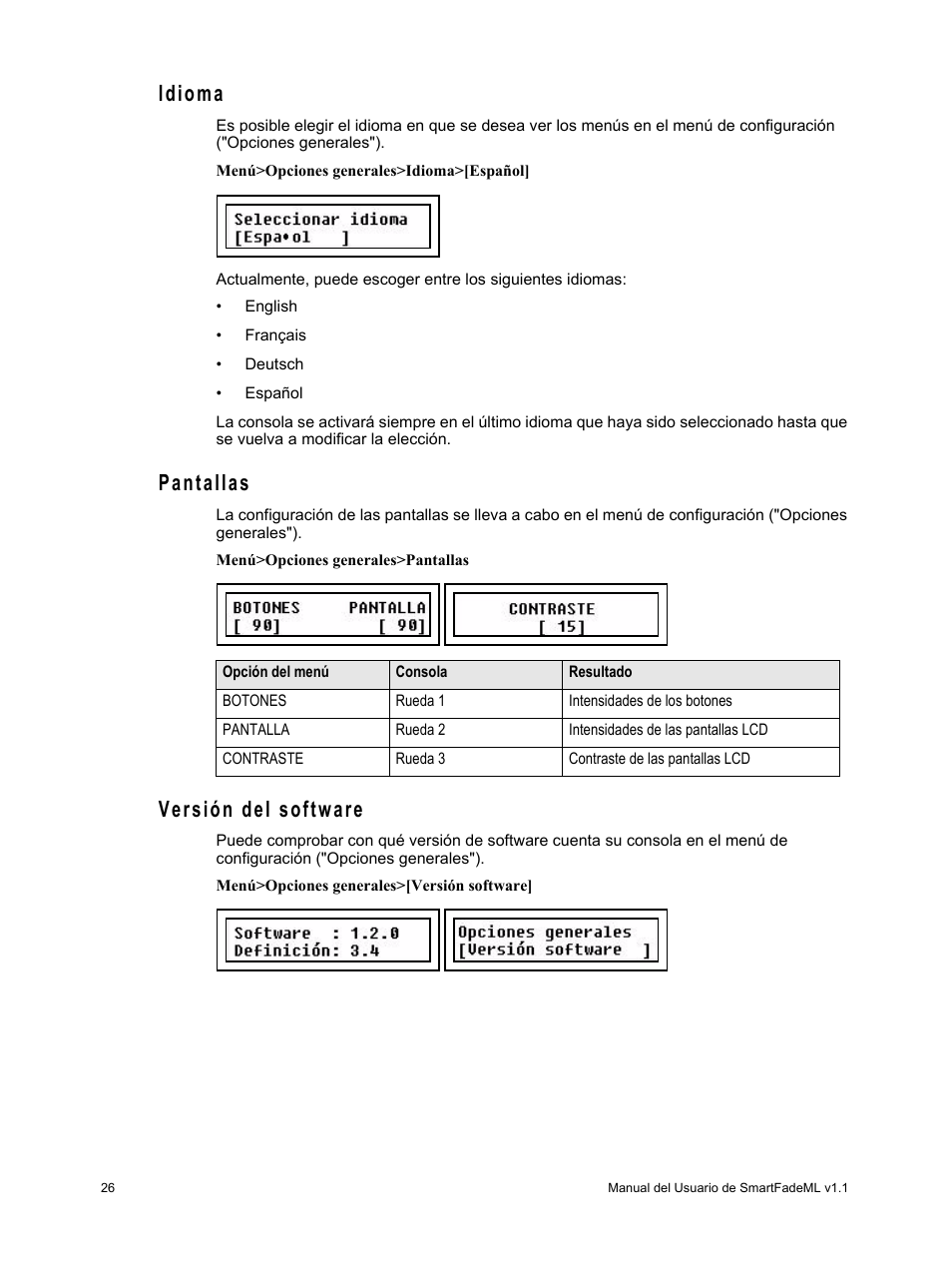 Idioma, Pantallas, Versión del software | Idioma pantallas versión del software | ETC SmartFade ML v1.1.0 User Manual | Page 32 / 92