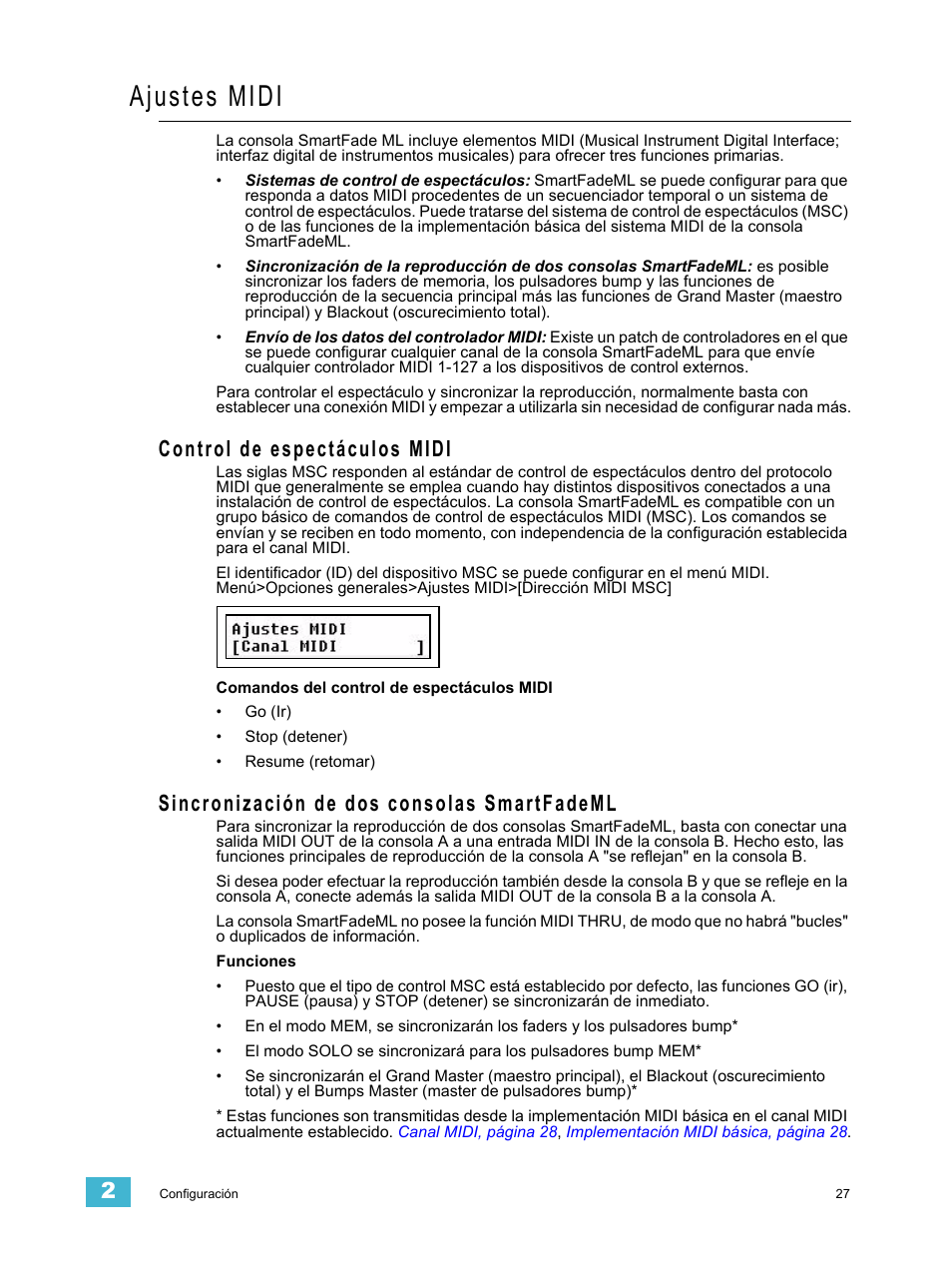 Ajustes midi, Control de espectáculos midi, Sincronización de dos consolas smartfademl | ETC SmartFade ML v1.1.0 User Manual | Page 33 / 92