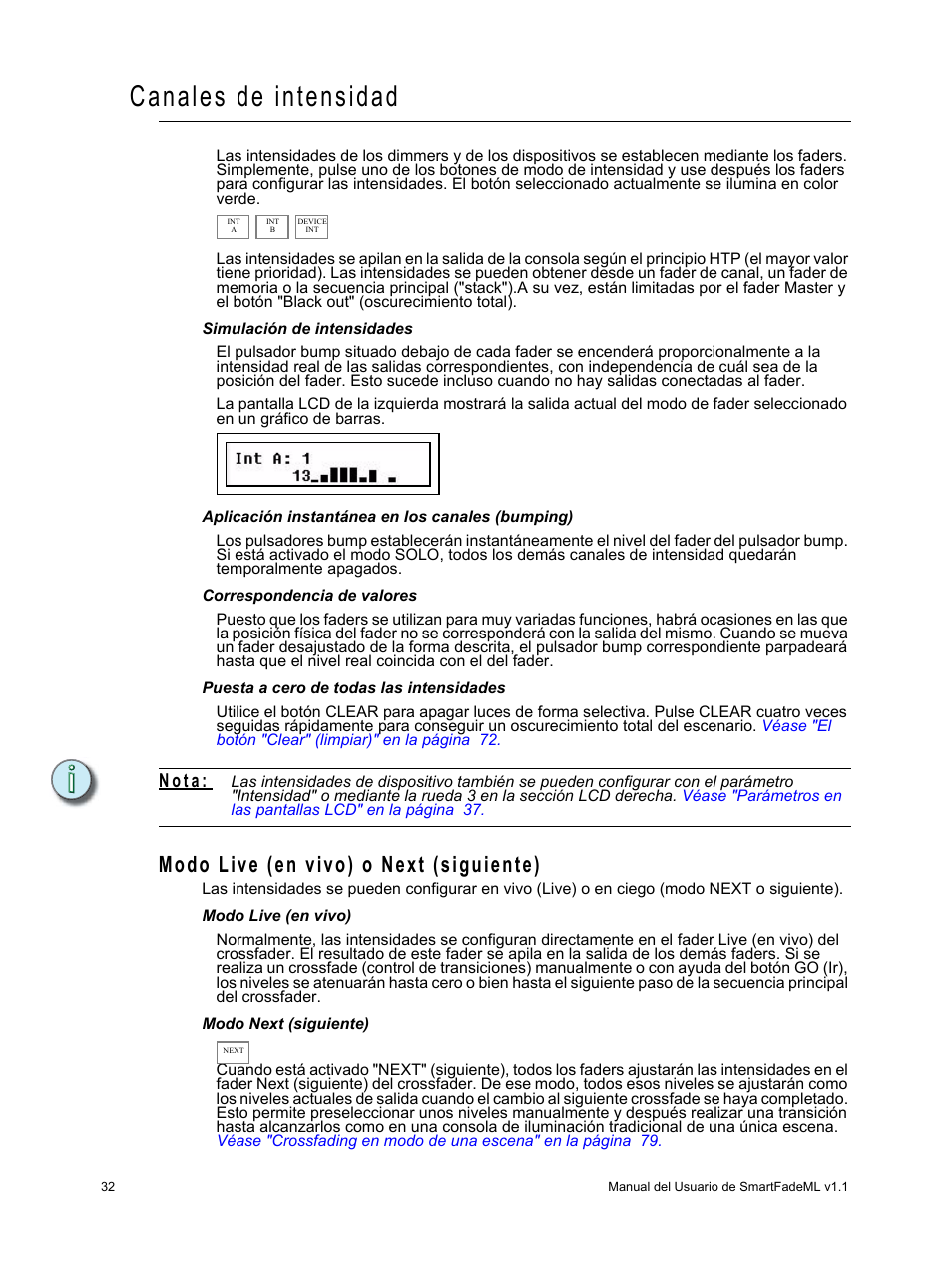 Canales de intensidad, Modo live (en vivo) o next (siguiente), N o t a | ETC SmartFade ML v1.1.0 User Manual | Page 38 / 92