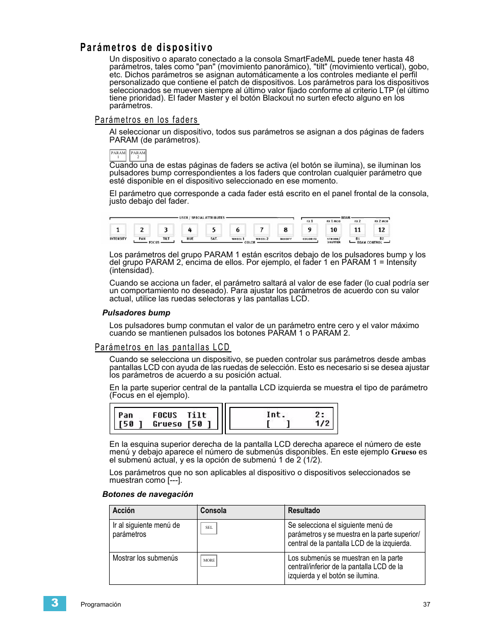 Parámetros de dispositivo, Parámetros en los faders, Parámetros en las pantallas lcd | Programar, Véase, Véase "parámetros en | ETC SmartFade ML v1.1.0 User Manual | Page 43 / 92