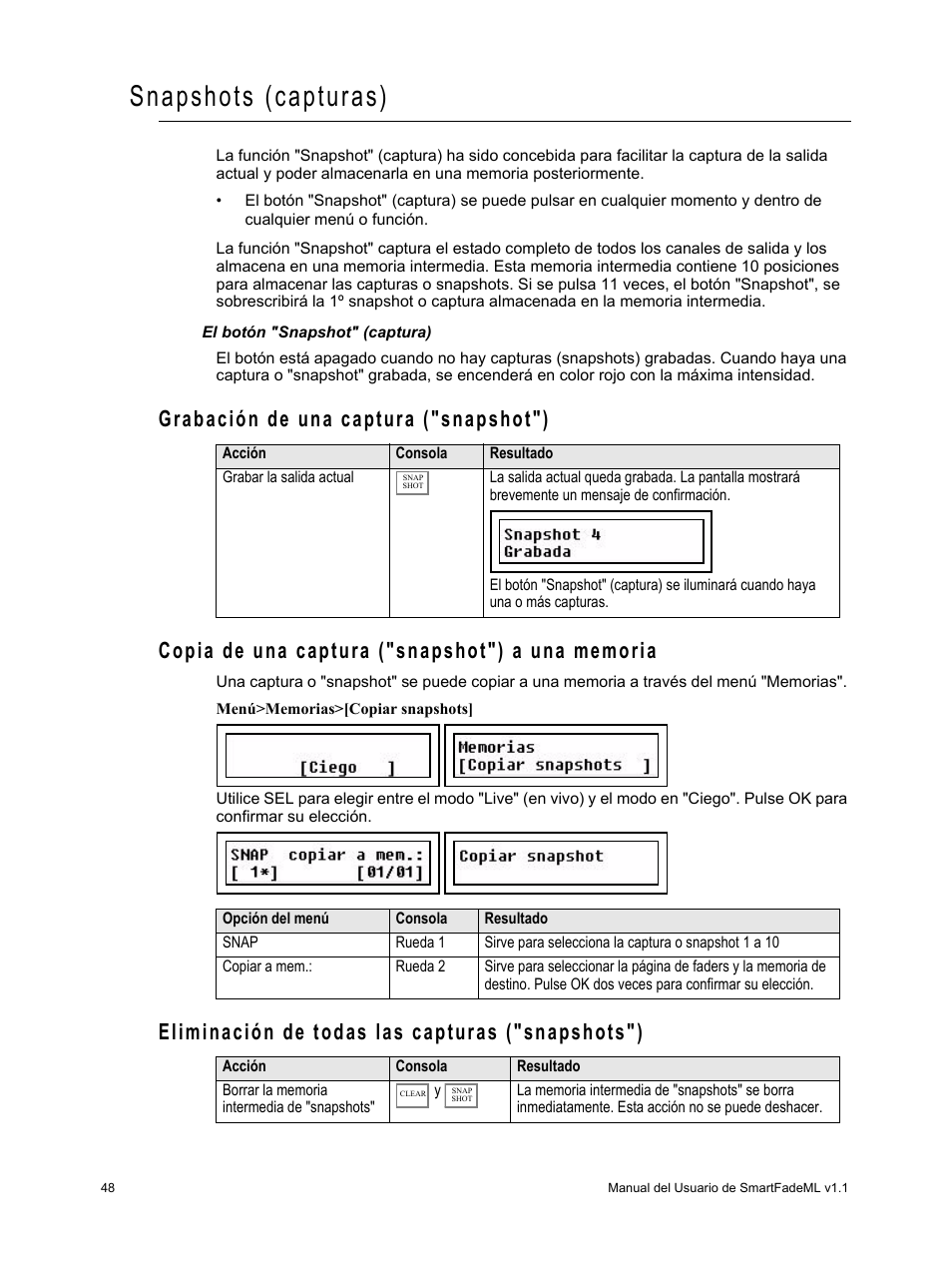 Snapshots (capturas), Grabación de una captura ("snapshot"), Copia de una captura ("snapshot") a una memoria | Eliminación de todas las capturas ("snapshots") | ETC SmartFade ML v1.1.0 User Manual | Page 54 / 92