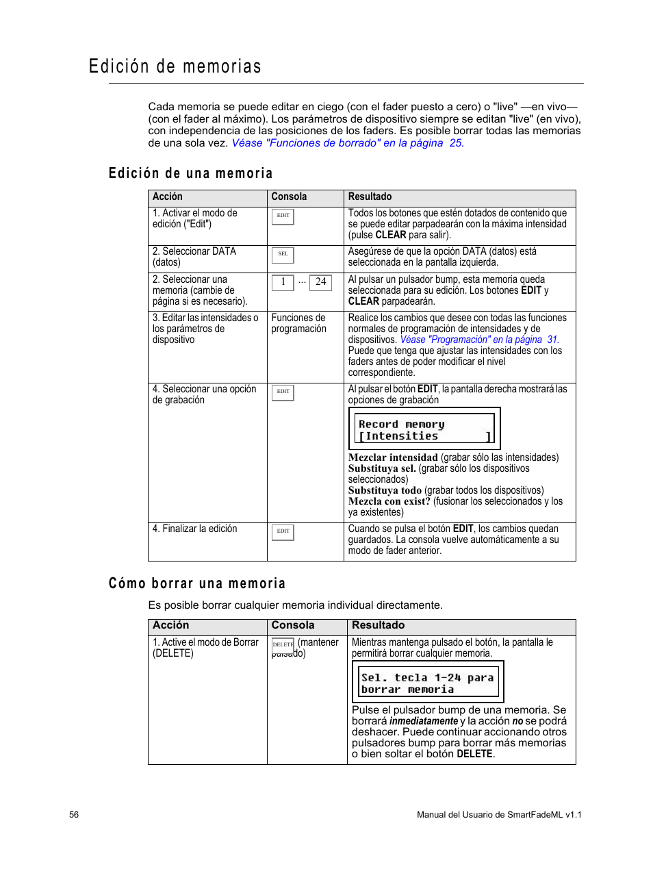 Edición de memorias, Edición de una memoria, Cómo borrar una memoria | Edición de una memoria cómo borrar una memoria | ETC SmartFade ML v1.1.0 User Manual | Page 62 / 92