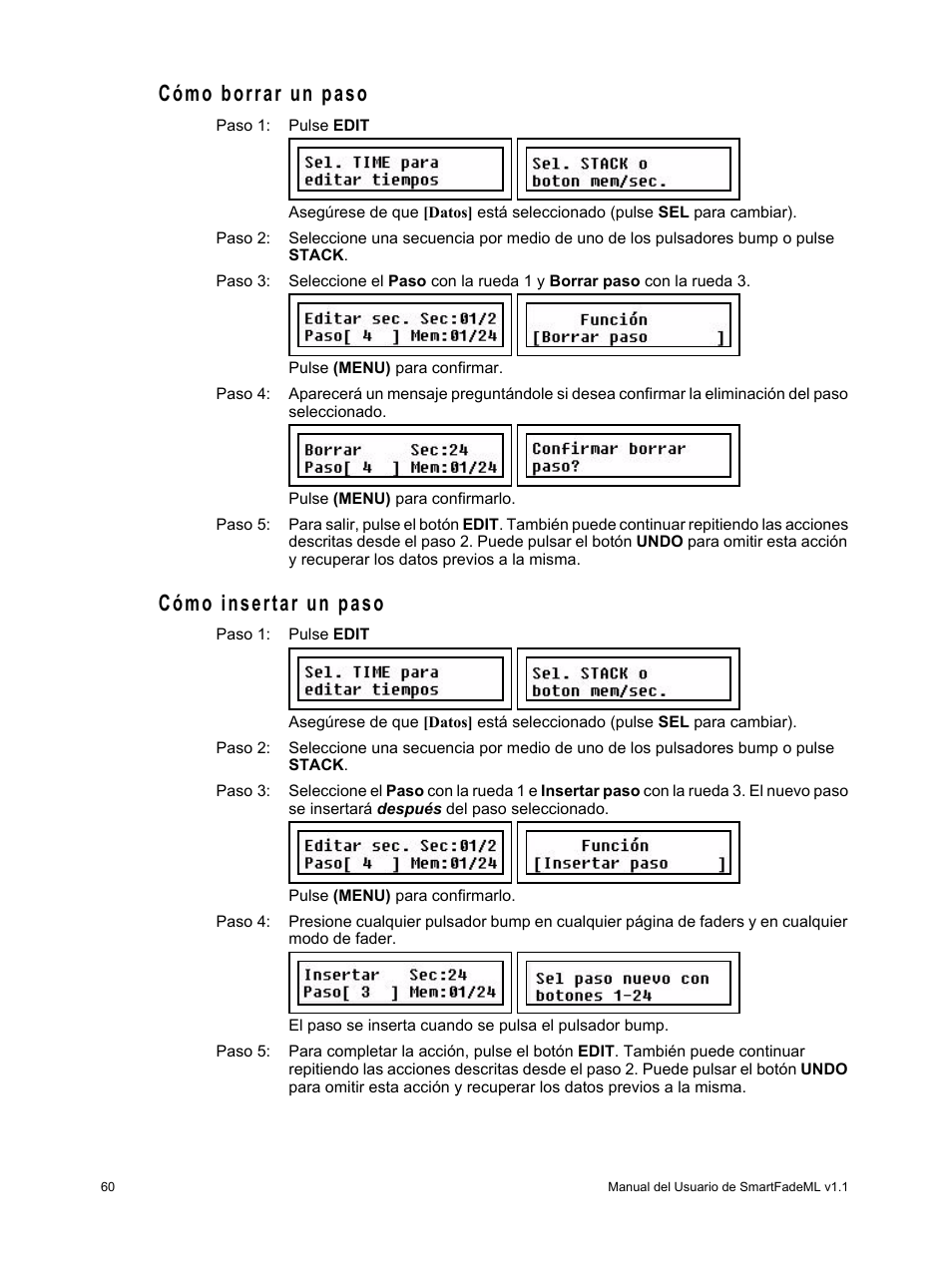 Cómo borrar un paso, Cómo insertar un paso, Cómo borrar un paso cómo insertar un paso | ETC SmartFade ML v1.1.0 User Manual | Page 66 / 92