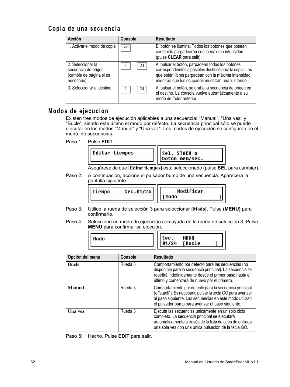 Copia de una secuencia, Modos de ejecución, Copia de una secuencia modos de ejecución | ETC SmartFade ML v1.1.0 User Manual | Page 68 / 92