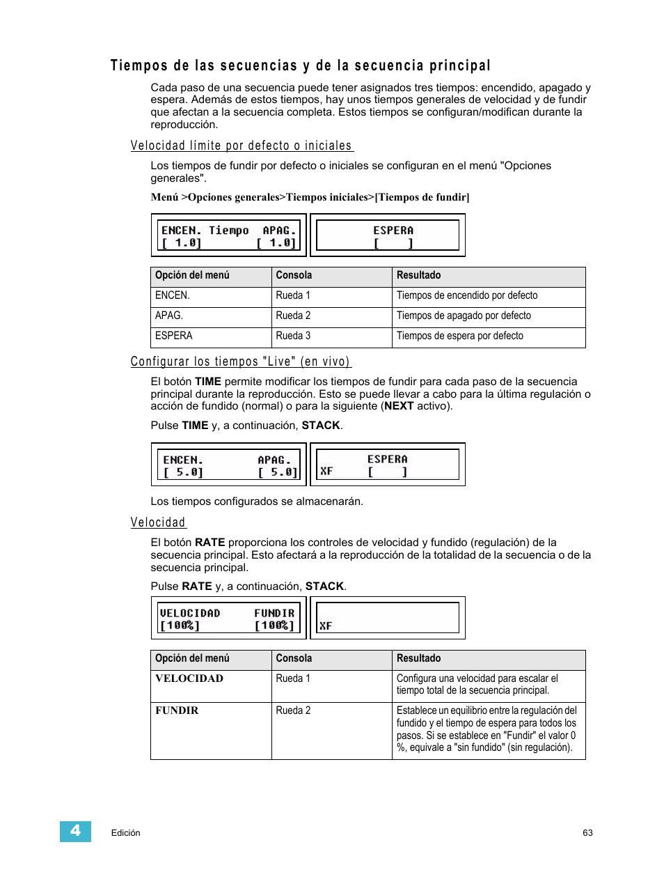 Velocidad límite por defecto o iniciales, Configurar los tiempos "live" (en vivo), Velocidad | Véase "velocidad límite por, Secuencia | ETC SmartFade ML v1.1.0 User Manual | Page 69 / 92