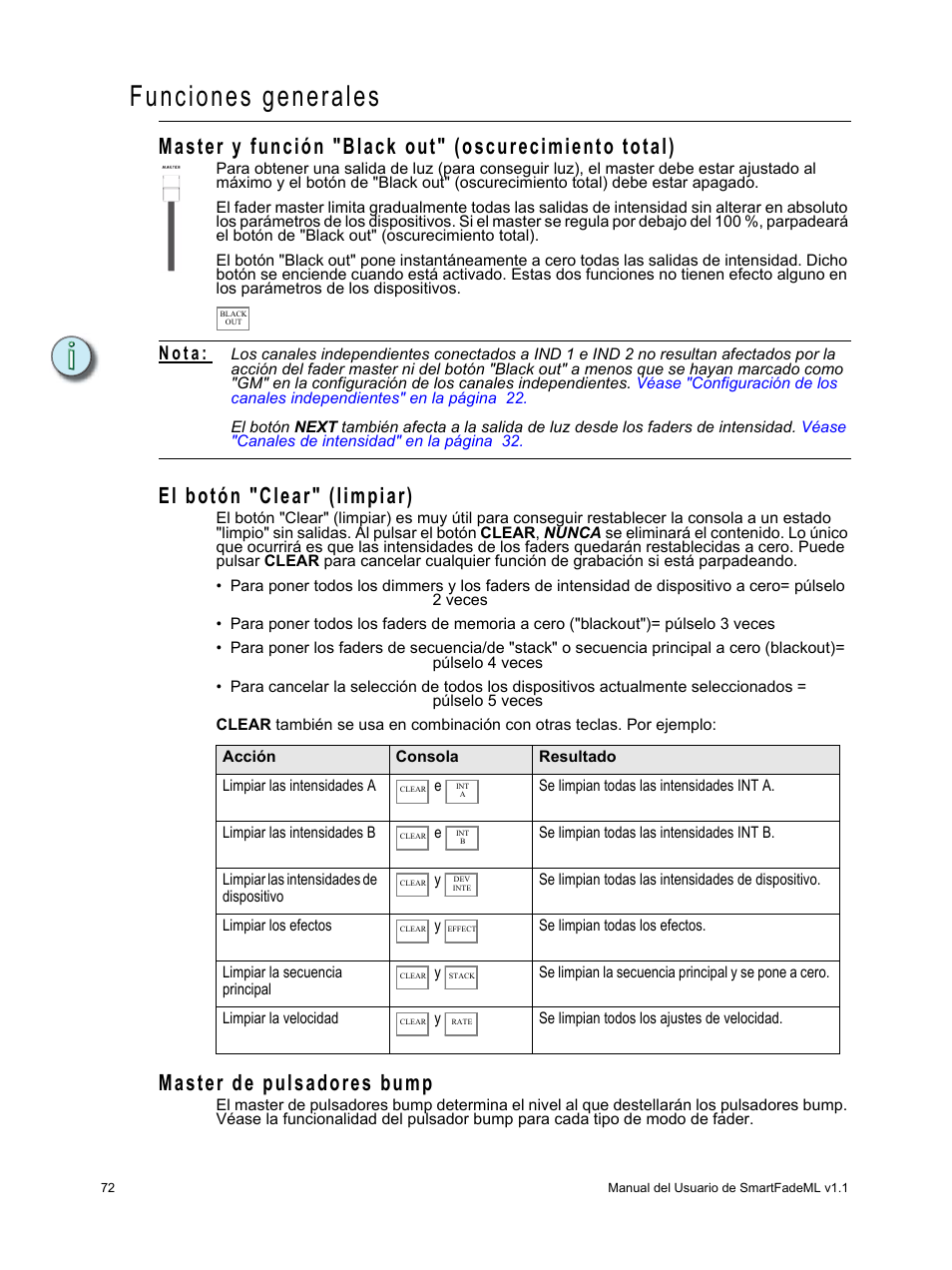 Funciones generales, El botón "clear" (limpiar), Master de pulsadores bump | Véase "master de pulsadores, Véase "el, N o t a | ETC SmartFade ML v1.1.0 User Manual | Page 78 / 92