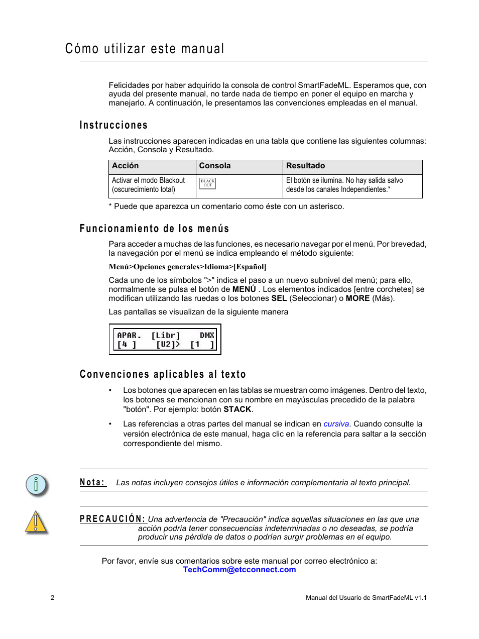 Cómo utilizar este manual, Instrucciones, Funcionamiento de los menús | Convenciones aplicables al texto, N o t a | ETC SmartFade ML v1.1.0 User Manual | Page 8 / 92