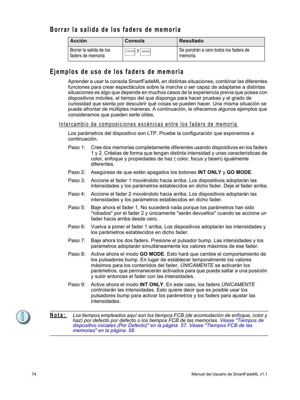 Borrar la salida de los faders de memoria, Ejemplos de uso de los faders de memoria, N o t a | ETC SmartFade ML v1.1.0 User Manual | Page 80 / 92