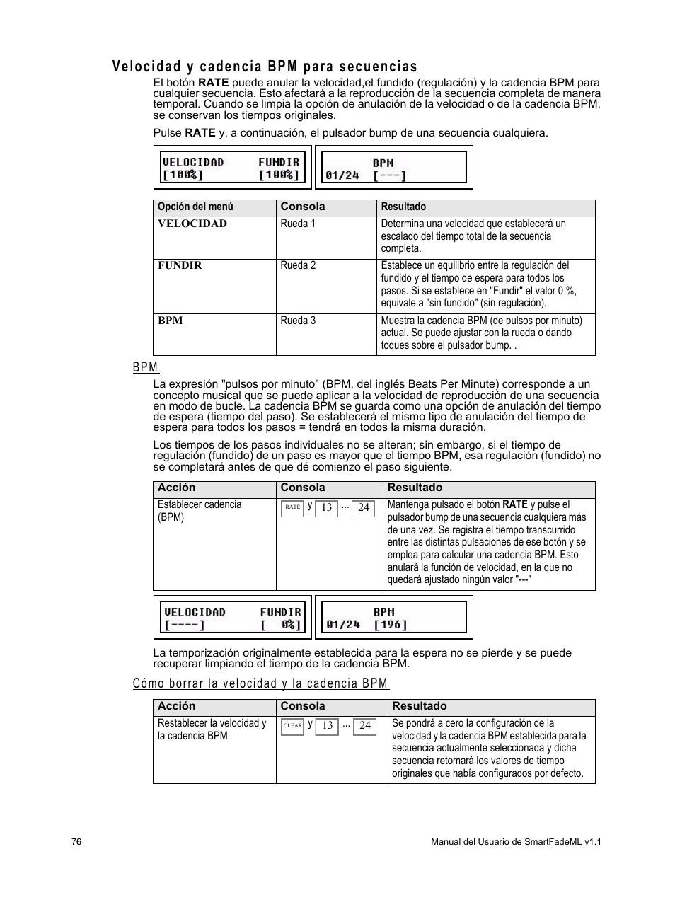 Velocidad y cadencia bpm para secuencias, Cómo borrar la velocidad y la cadencia bpm | ETC SmartFade ML v1.1.0 User Manual | Page 82 / 92