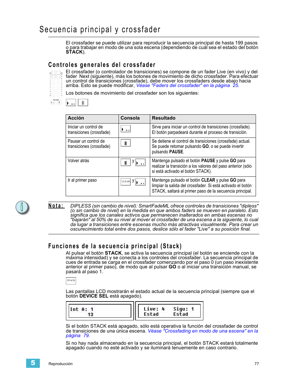 Secuencia principal y crossfader, Controles generales del crossfader, Funciones de la secuencia principal (stack) | N o t a | ETC SmartFade ML v1.1.0 User Manual | Page 83 / 92