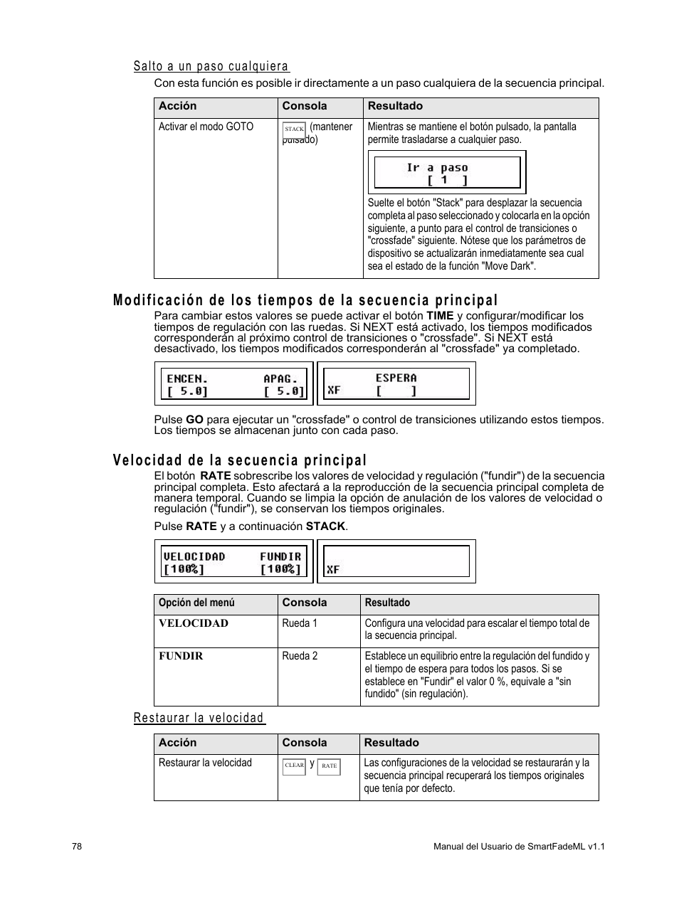 Salto a un paso cualquiera, Velocidad de la secuencia principal, Restaurar la velocidad | ETC SmartFade ML v1.1.0 User Manual | Page 84 / 92